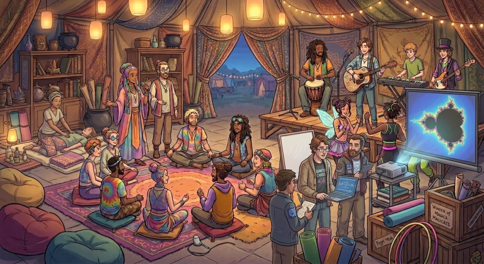 Illustration of the Room of Requirements: workshops, music, yoga, gathering circles